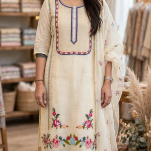 Enchanting Floral Embroidered Kurta Set with Scalloped Lace Trims – Available in Serene Blue & Creamy Ivory