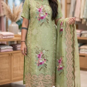 Sage Green Floral Embroidered Cotton Kurta Set with Scalloped Dupatta