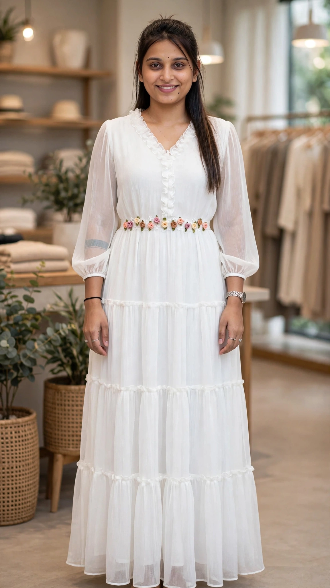 Ethereal Ivory Floral Embellished Tiered Maxi Dress
