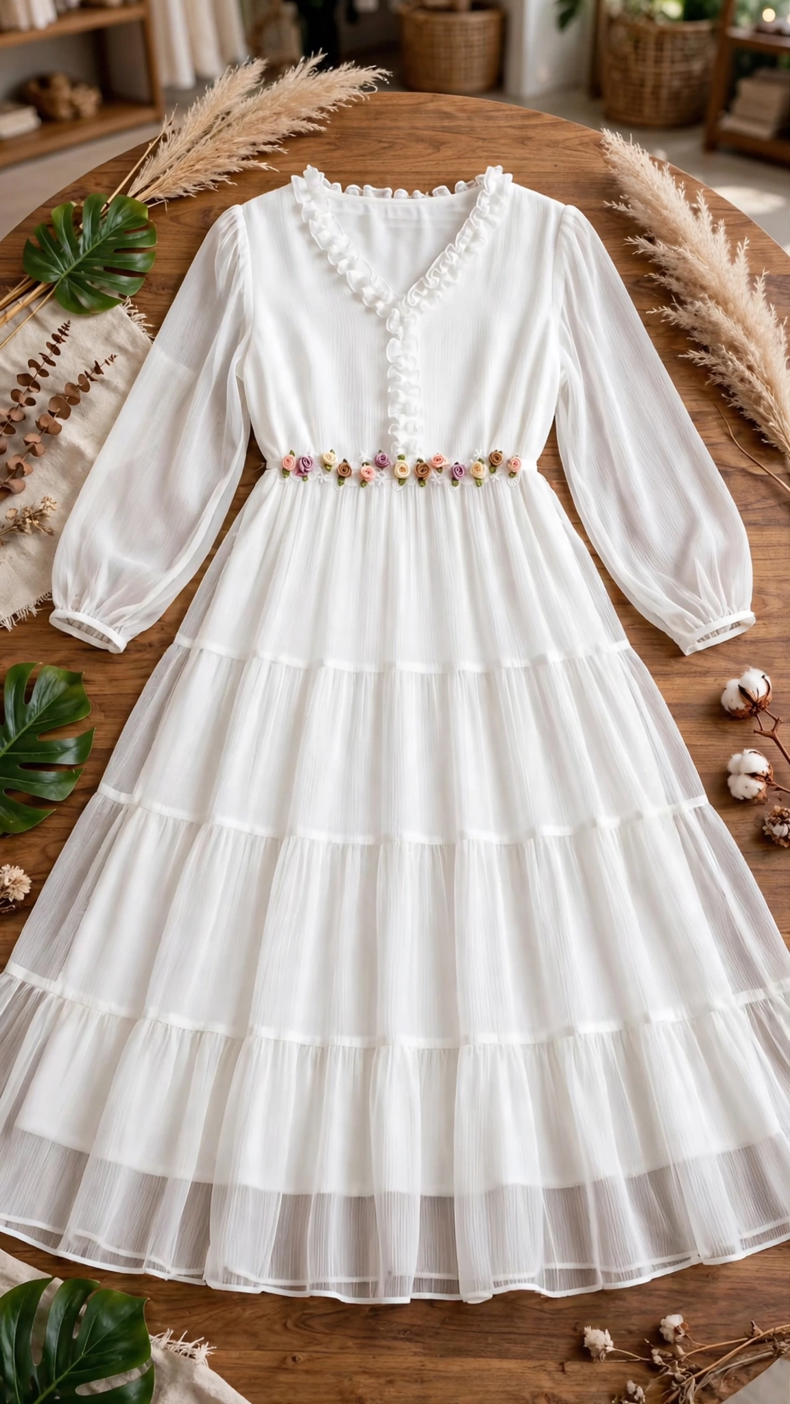 Ethereal Ivory Floral Embellished Tiered Maxi Dress - Image 3