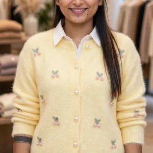 Enchanting Cherry Embroidered Fuzzy Cardigan Set – Available in Pastel Pink & Soft Yellow