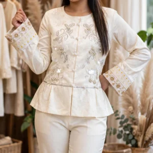 Ivory Pearl-Embellished Peplum Kurta Set with Intricate Floral Embroidery