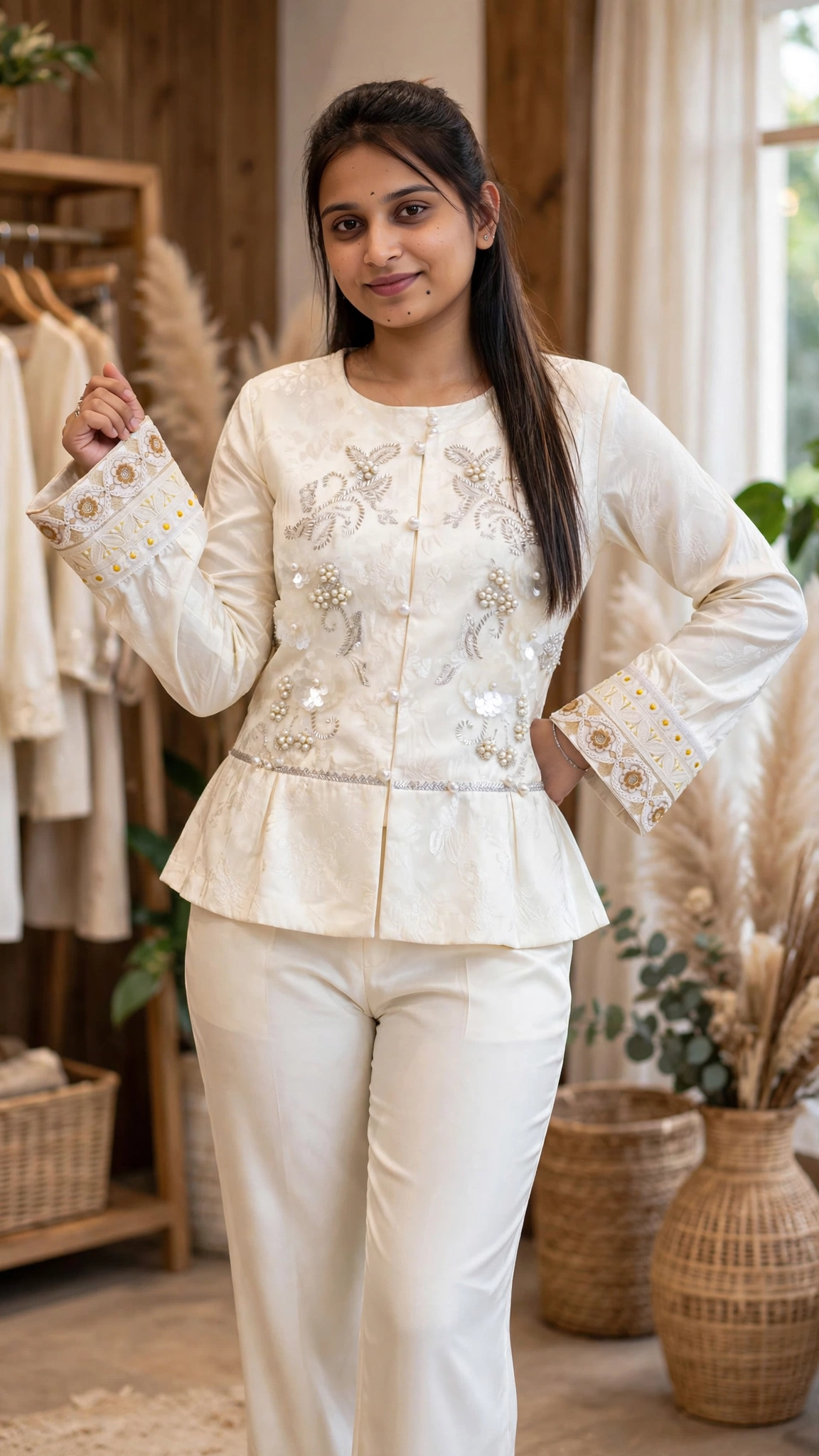 Ivory Pearl-Embellished Peplum Kurta Set with Intricate Floral Embroidery