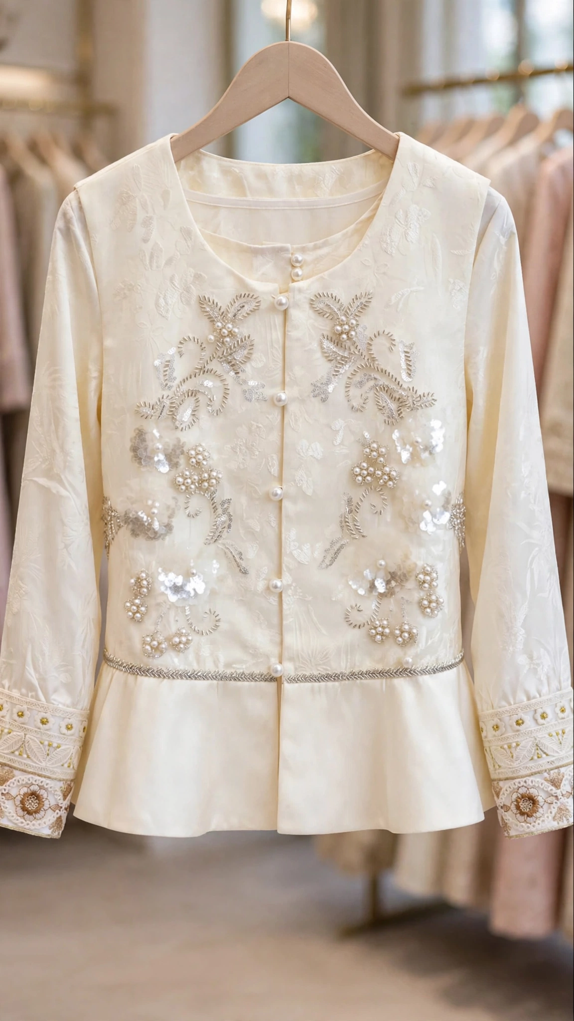 Ivory Pearl-Embellished Peplum Kurta Set with Intricate Floral Embroidery - Image 2