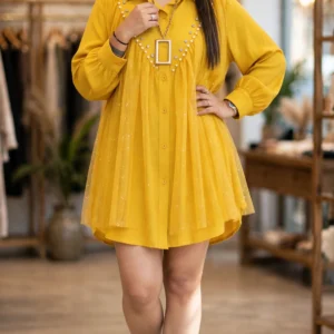 Sunshine Radiance Embellished Tulle Overlay Shirt Dress