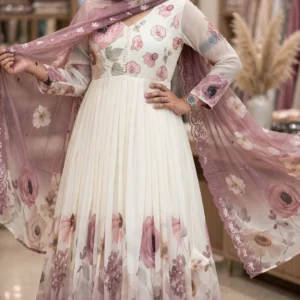 Ethereal Blush Floral Pleated Kurta Set with Embroidered Organza Dupatta
