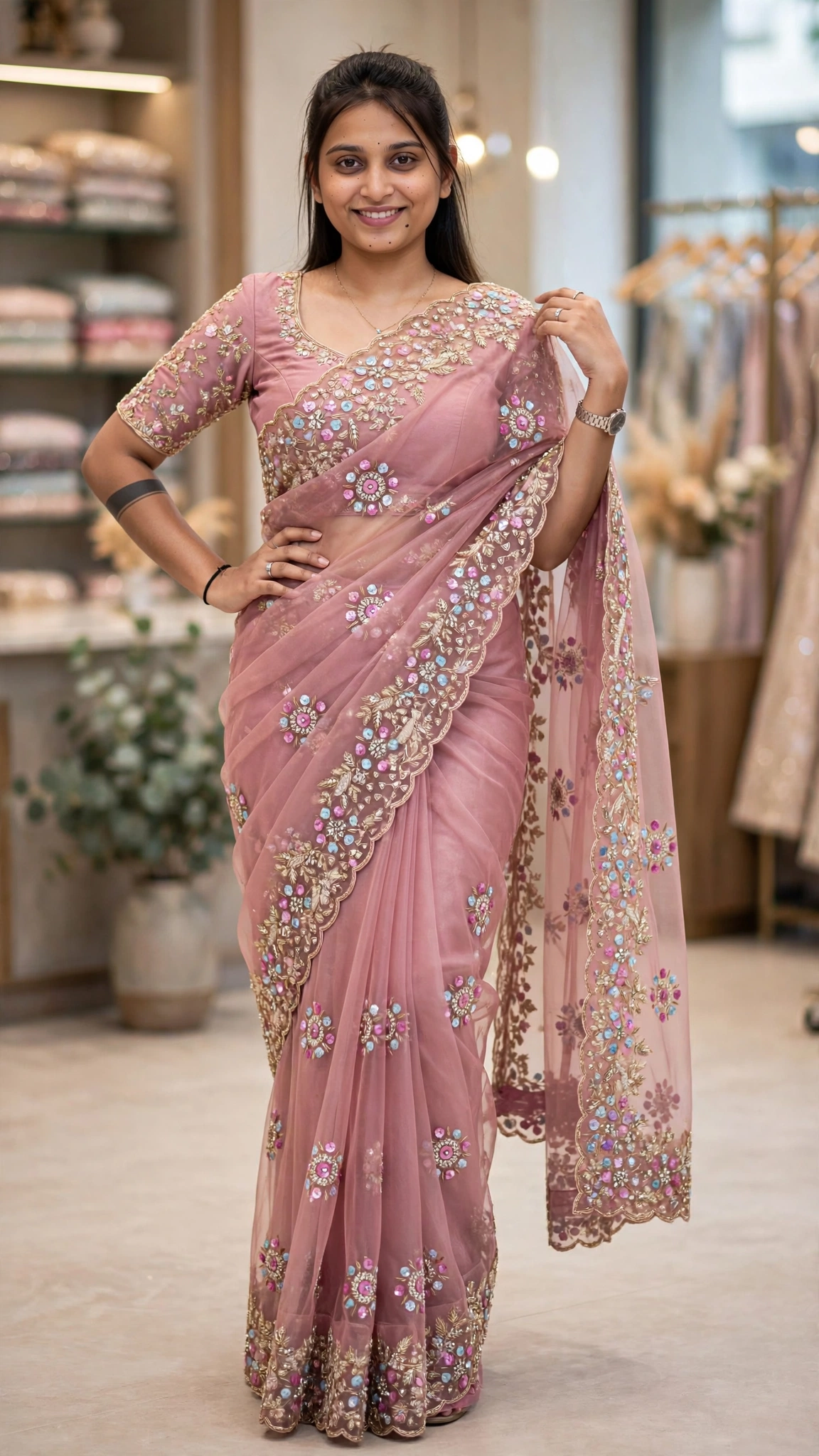 Ethereal Floral Sequin-Embroidered Organza Saree – Available in Dusty Rose, Pastel Sage & Serene Sky Blue - Image 2