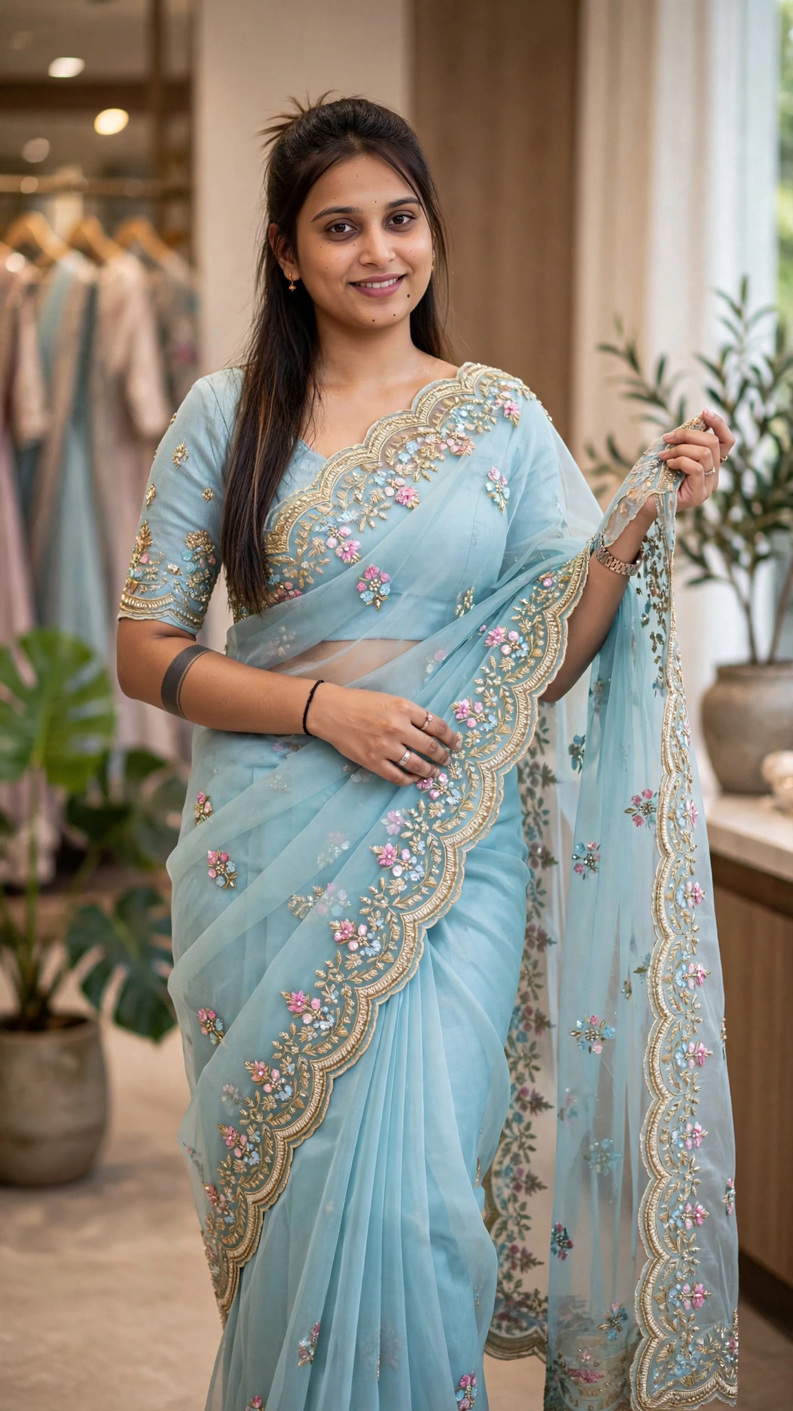 Ethereal Floral Sequin-Embroidered Organza Saree – Available in Dusty Rose, Pastel Sage & Serene Sky Blue - Image 3