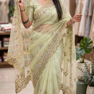 Ethereal Floral Sequin-Embroidered Organza Saree – Available in Dusty Rose, Pastel Sage & Serene Sky Blue
