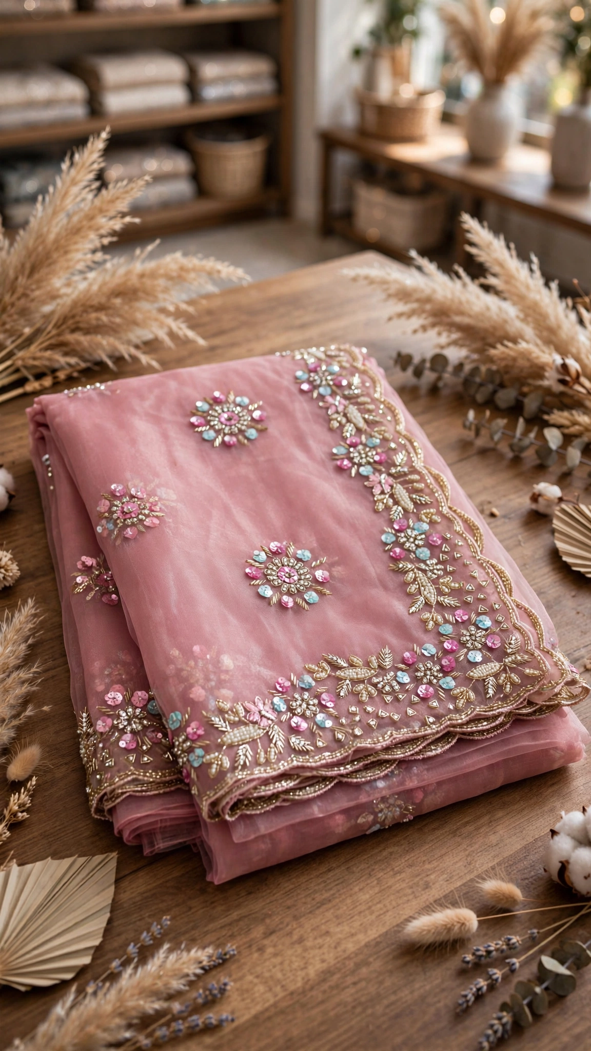 Ethereal Floral Sequin-Embroidered Organza Saree – Available in Dusty Rose, Pastel Sage & Serene Sky Blue - Image 4