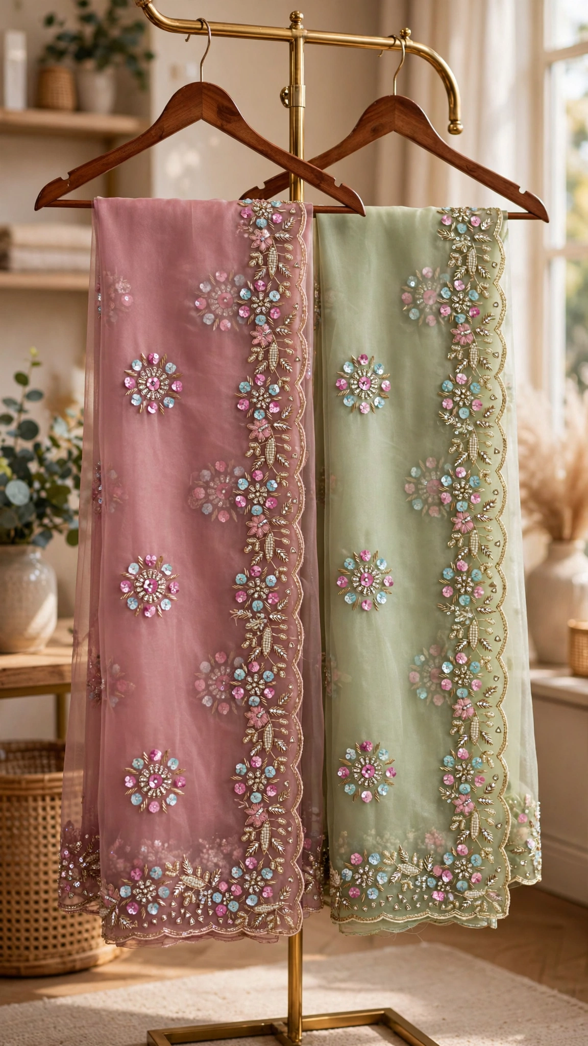 Ethereal Floral Sequin-Embroidered Organza Saree – Available in Dusty Rose, Pastel Sage & Serene Sky Blue - Image 5