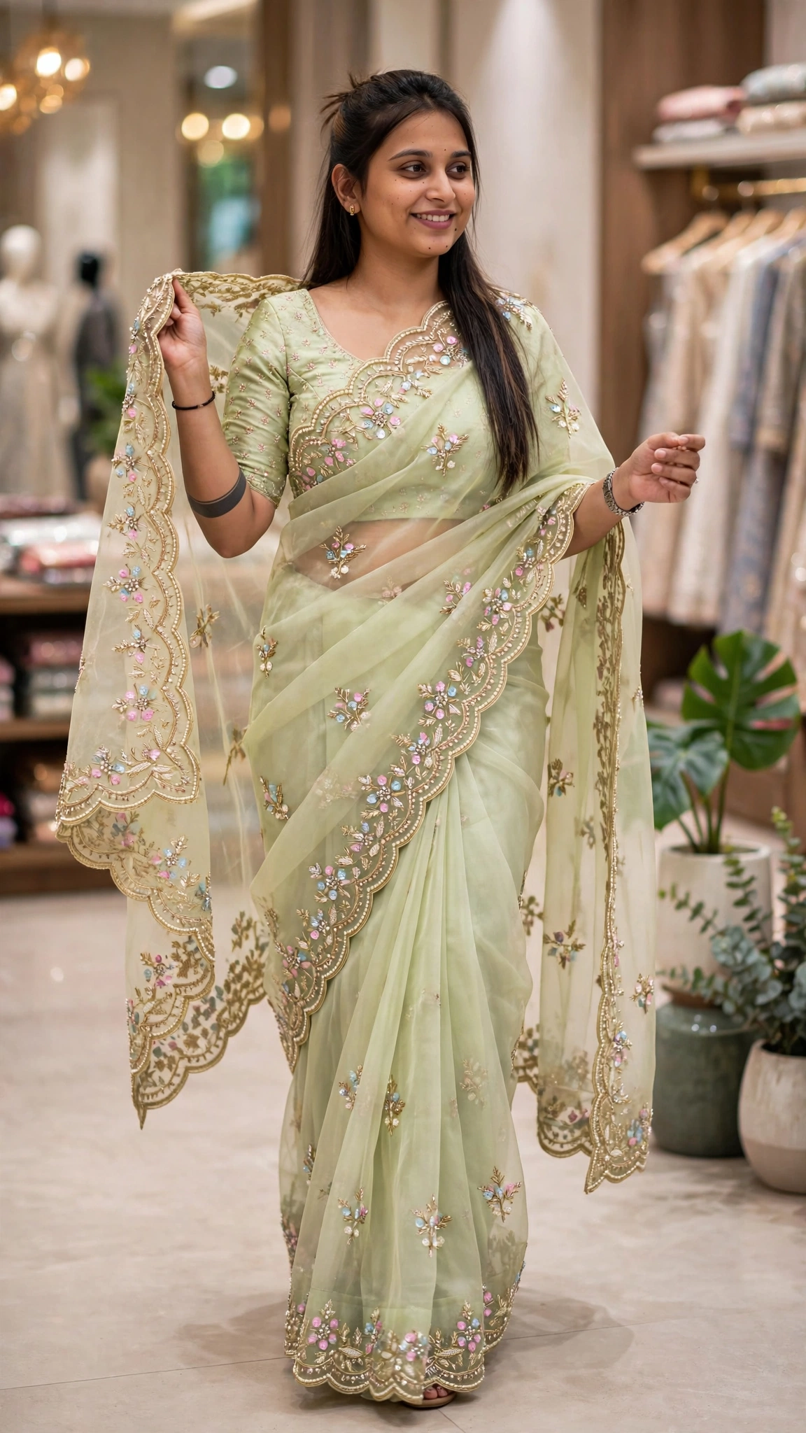 Ethereal Floral Sequin-Embroidered Organza Saree – Available in Dusty Rose, Pastel Sage & Serene Sky Blue