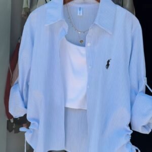 Chic Striped Drawstring Casual Shirt & Camisole Set – Available in Blue, Pink, Grey, White & Mint
