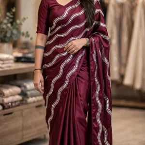 Enchanting Sequinned Chiffon Saree with Diagonal Embellishments – Available in Wine, Emerald, Champagne, Olive & Fuchsia