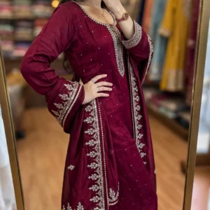 Royal Burgundy Silk Embroidered Kurta Set with Dupatta