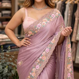 Lilac Enchantment Satin Floral Embroidered Saree