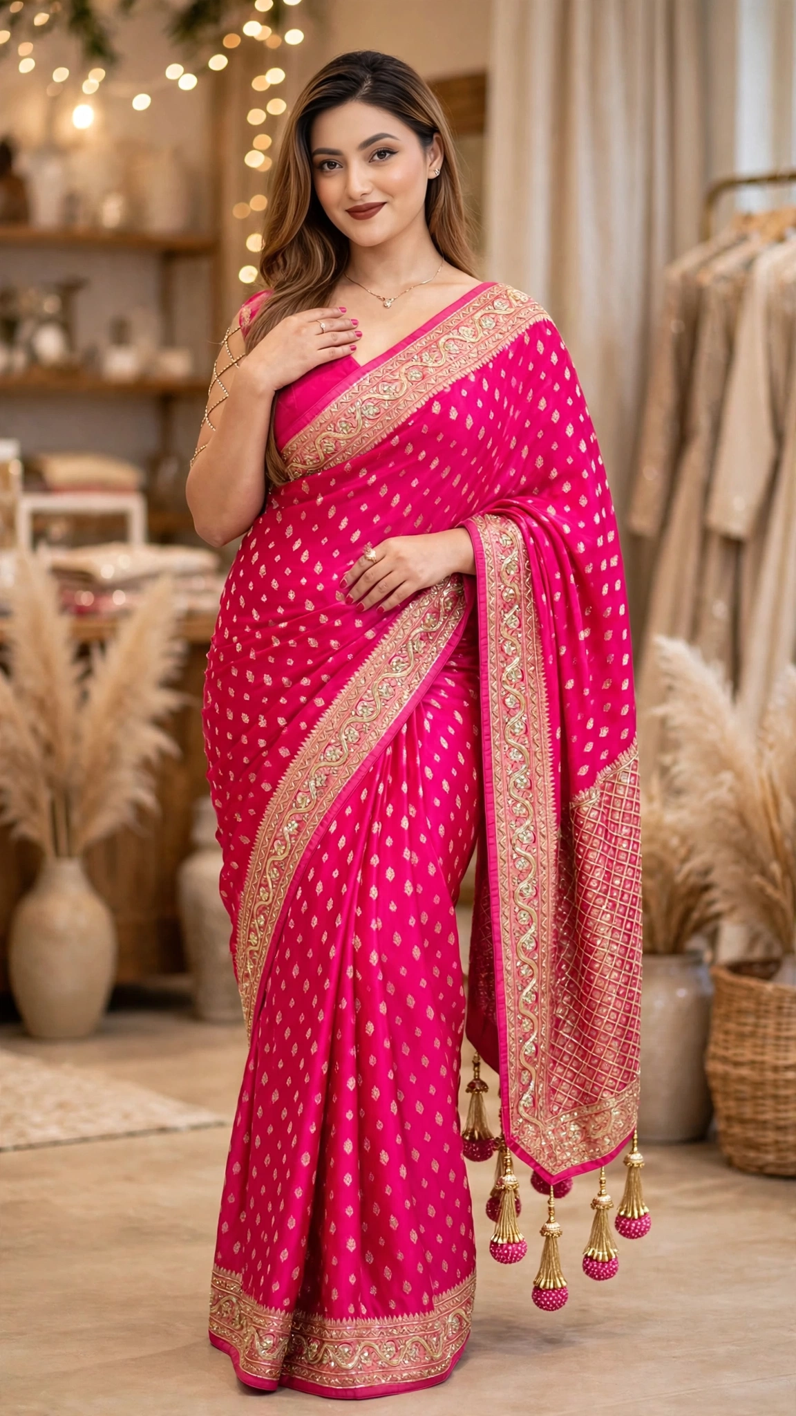 Majestic Fuchsia Silk Saree with Traditional Zardosi Borders – A Festive Essential