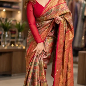 Opulent Festive Patchwork Banarasi Saree with Sequined Border – Red Gold