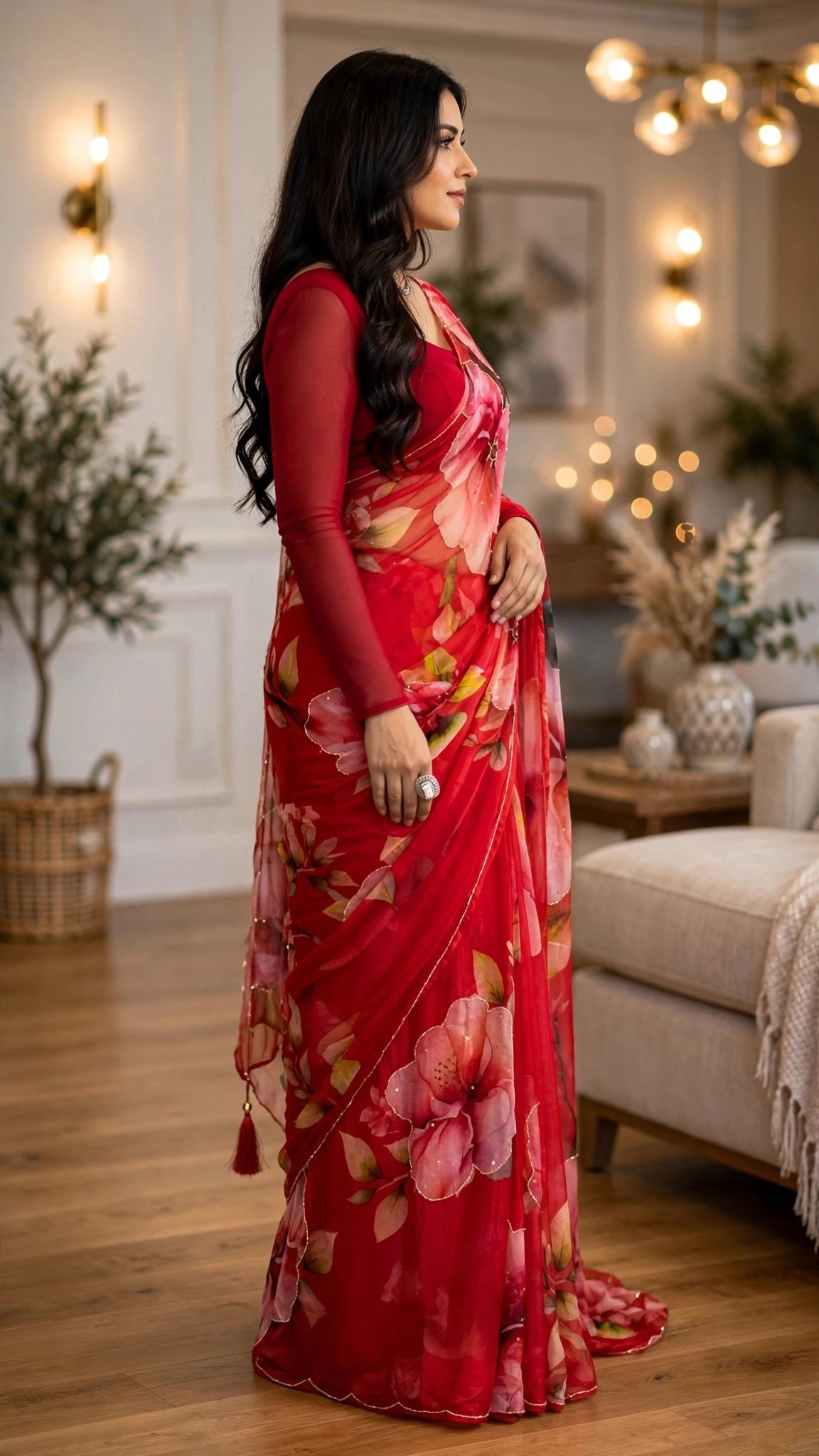 Scarlet Blooms Organza Floral Saree with Sequined Accents - Image 2