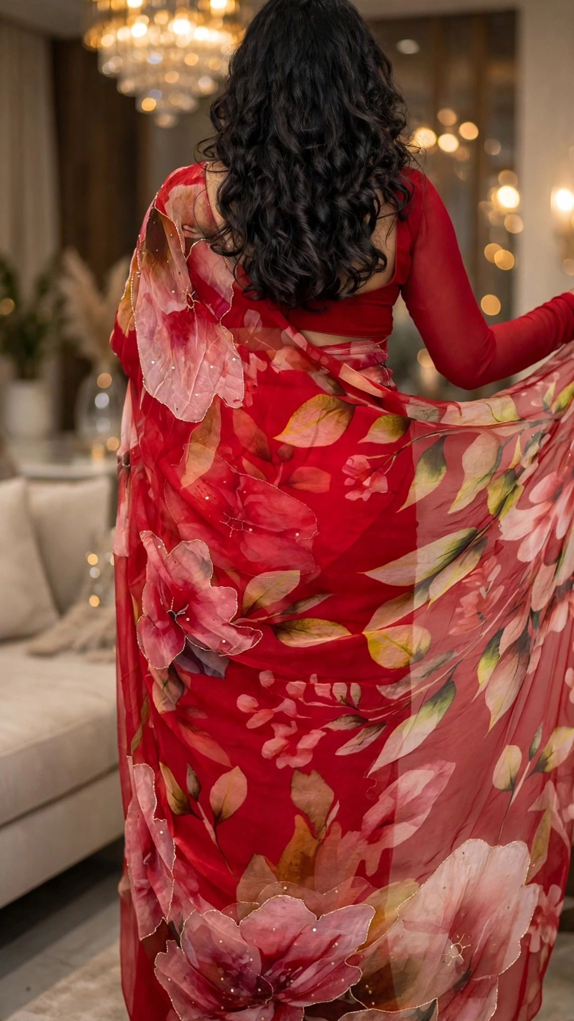 Scarlet Blooms Organza Floral Saree with Sequined Accents - Image 3