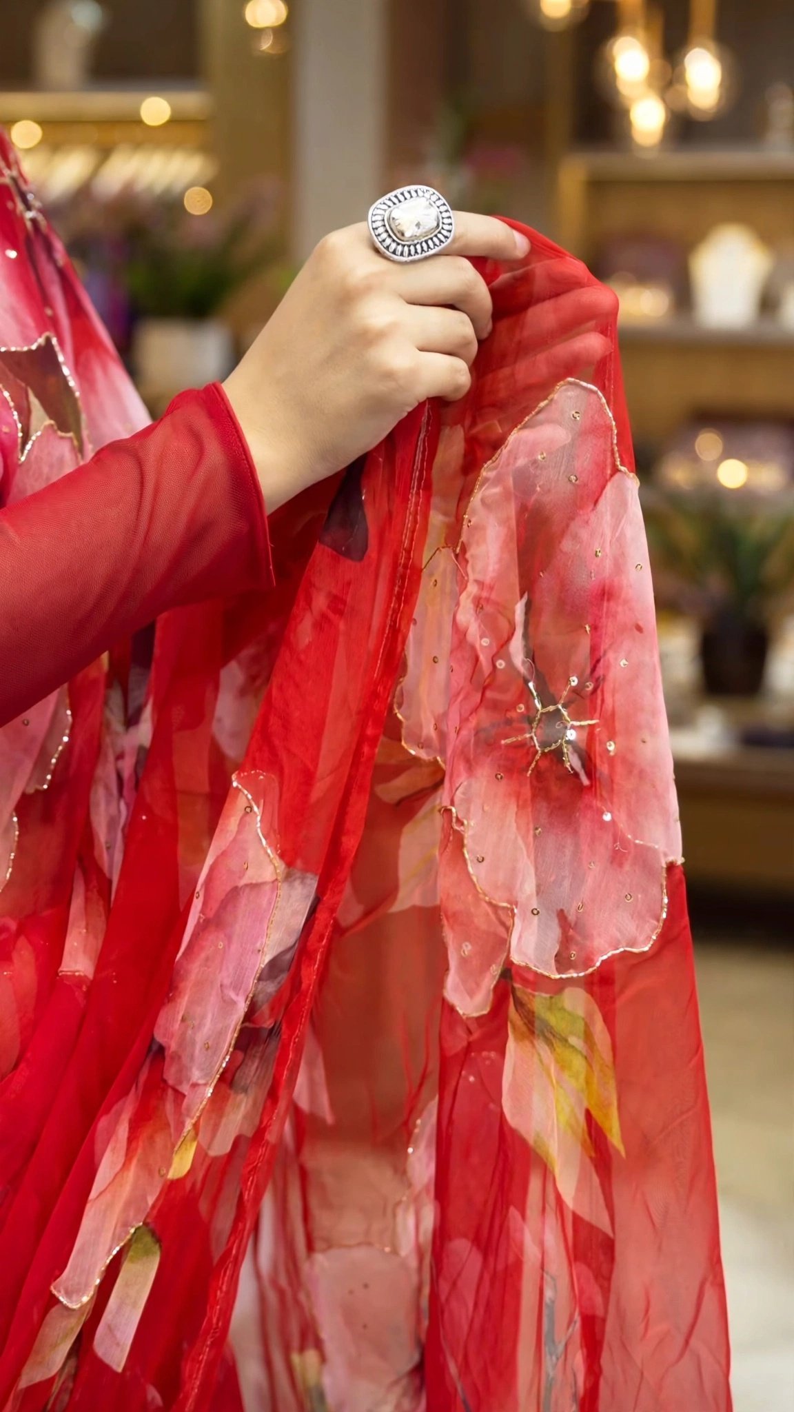 Scarlet Blooms Organza Floral Saree with Sequined Accents - Image 4