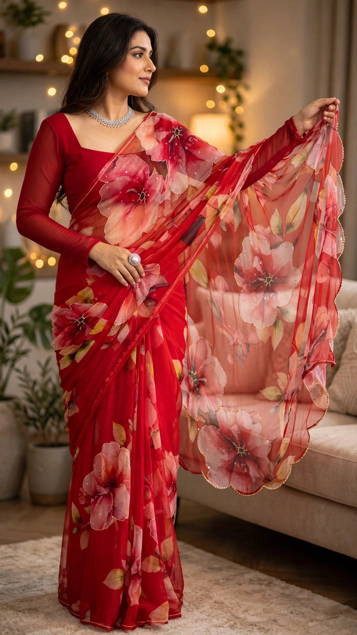 Scarlet Blooms Organza Floral Saree with Sequined Accents - Image 5