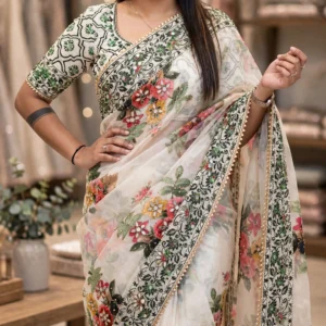Opulent Floral Embroidered Organza Saree with Mirror Work Border – Available in Ivory, Navy Blue & Teal Green