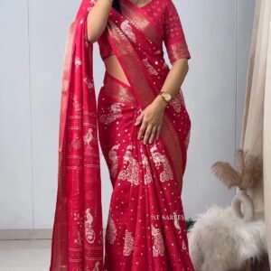 Peacock Motif Woven Silk Saree with Traditional Zari Border – Available in Crimson Red, Midnight Black, Mustard Yellow, Royal Plum & Teal Green