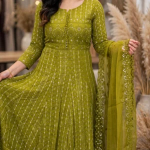 Olive Green Embroidered Cotton Silk Anarkali Suit Set with Scalloped Dupatta
