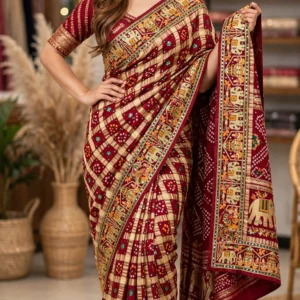 Regal Maroon & Gold Elephant Motif Embroidered Bandhani Saree