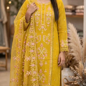 Sunshine Mustard Embroidered Kurta Set with Scalloped Dupatta