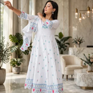 Ivory Floral Embroidered A-Line Kurta Set with Mirror Work Jacket