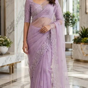 Ethereal Embellished Organza Saree with Intricate Threadwork & Sequins – Available in Lavender, Dusty Blue, Canary Yellow, and Soft Blush Pink