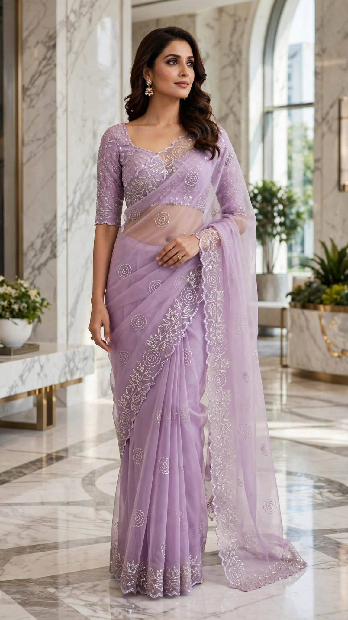 Ethereal Embellished Organza Saree with Intricate Threadwork & Sequins – Available in Lavender, Dusty Blue, Canary Yellow, and Soft Blush Pink