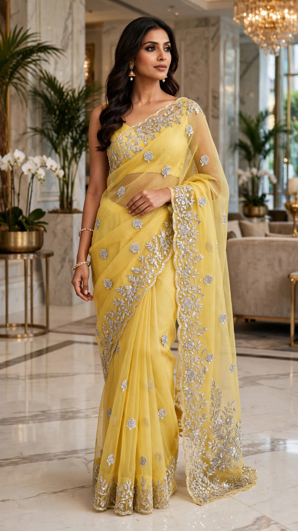 Ethereal Embellished Organza Saree with Intricate Threadwork & Sequins – Available in Lavender, Dusty Blue, Canary Yellow, and Soft Blush Pink - Image 3