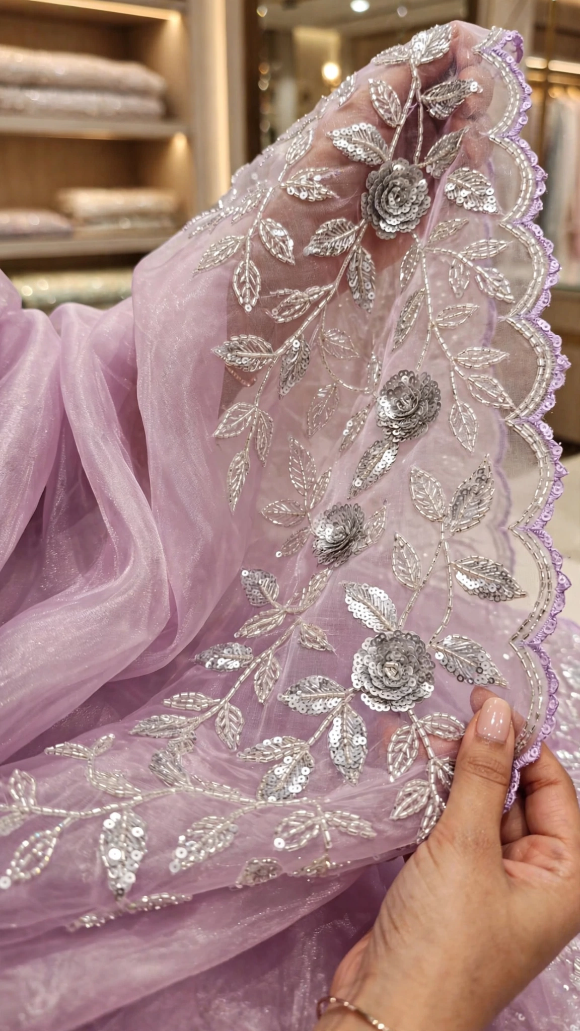 Ethereal Embellished Organza Saree with Intricate Threadwork & Sequins – Available in Lavender, Dusty Blue, Canary Yellow, and Soft Blush Pink - Image 4