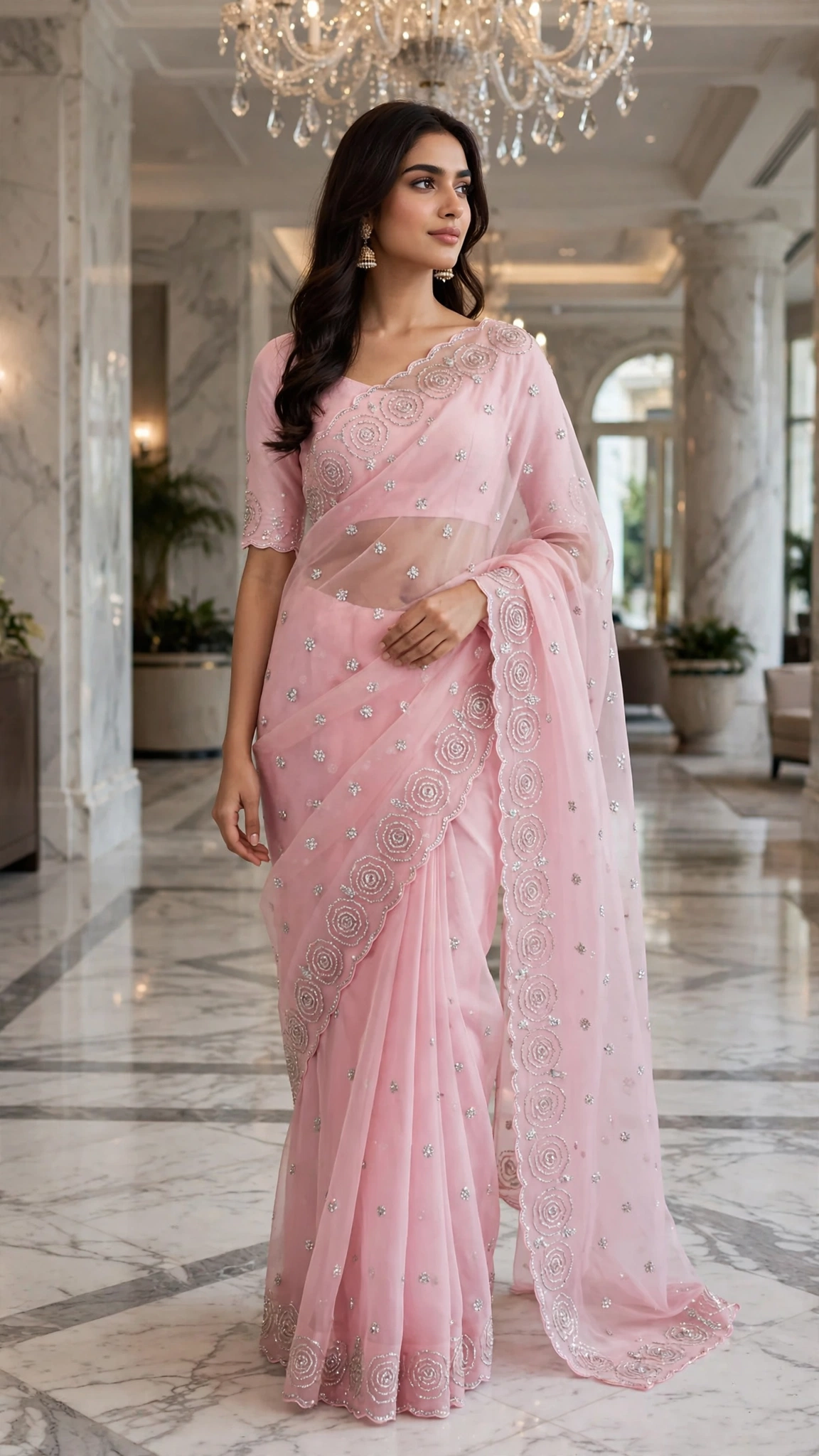 Ethereal Embellished Organza Saree with Intricate Threadwork & Sequins – Available in Lavender, Dusty Blue, Canary Yellow, and Soft Blush Pink - Image 5