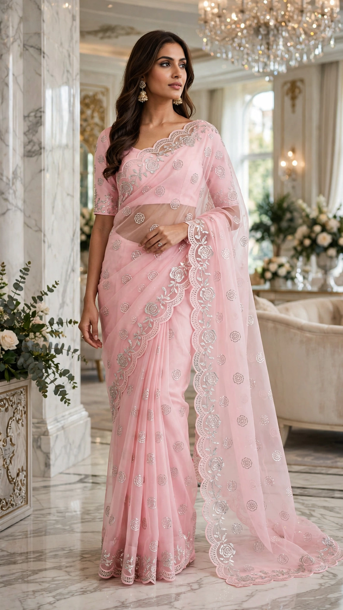 Ethereal Embellished Organza Saree with Intricate Threadwork & Sequins – Available in Lavender, Dusty Blue, Canary Yellow, and Soft Blush Pink - Image 6