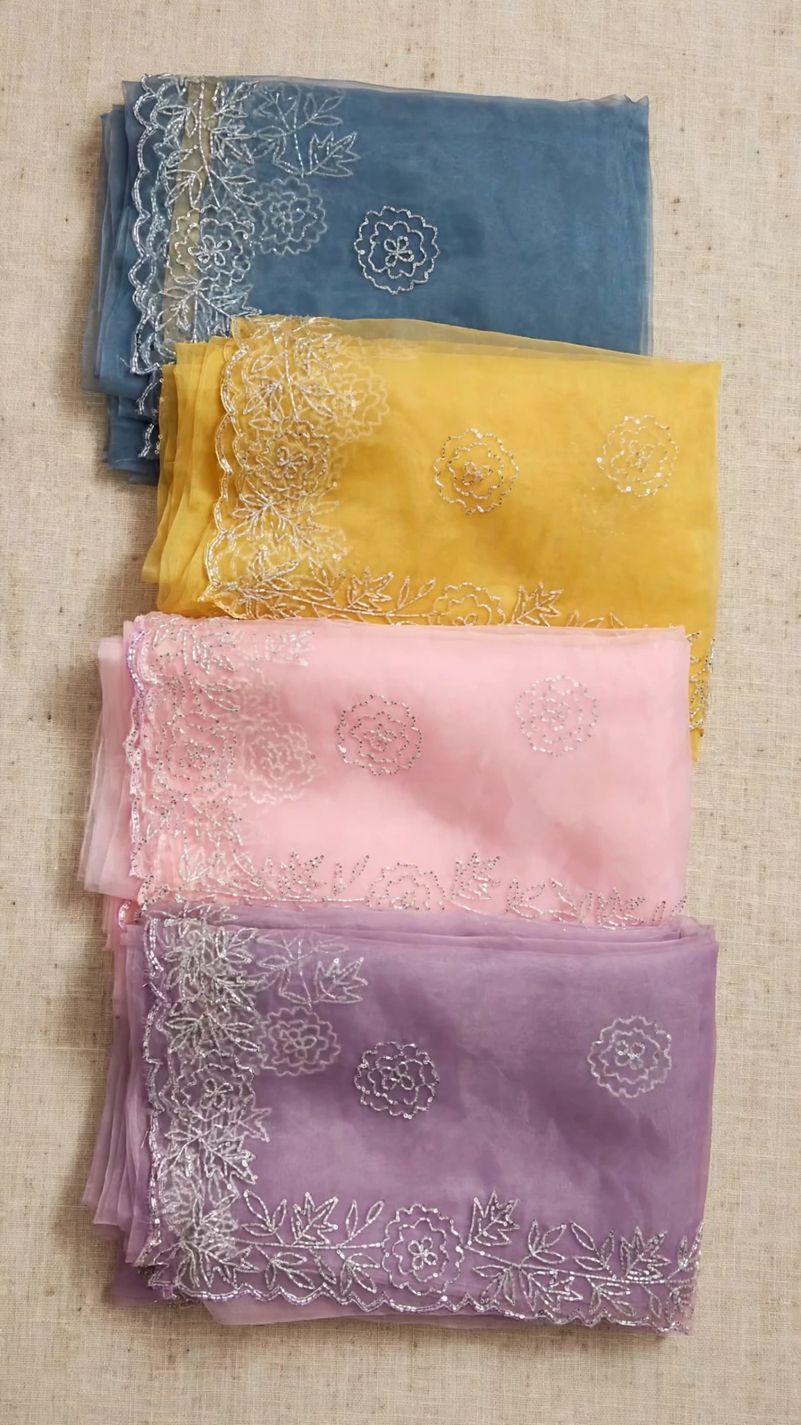 Ethereal Embellished Organza Saree with Intricate Threadwork & Sequins – Available in Lavender, Dusty Blue, Canary Yellow, and Soft Blush Pink - Image 7
