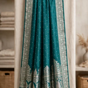 Royal Teal Silk Saree with Intricate Silver Zari Weaving – Regal Opulence Collection