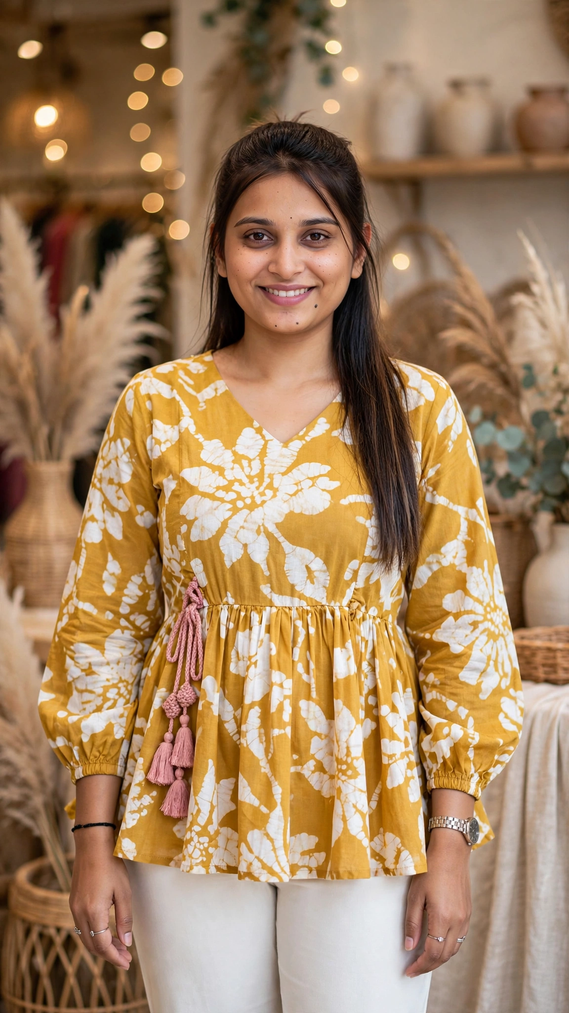 Bohemian Bloom Peplum Kurta Set – Available in Mustard, Navy, Peach, Magenta & Floral Yellow - Image 2