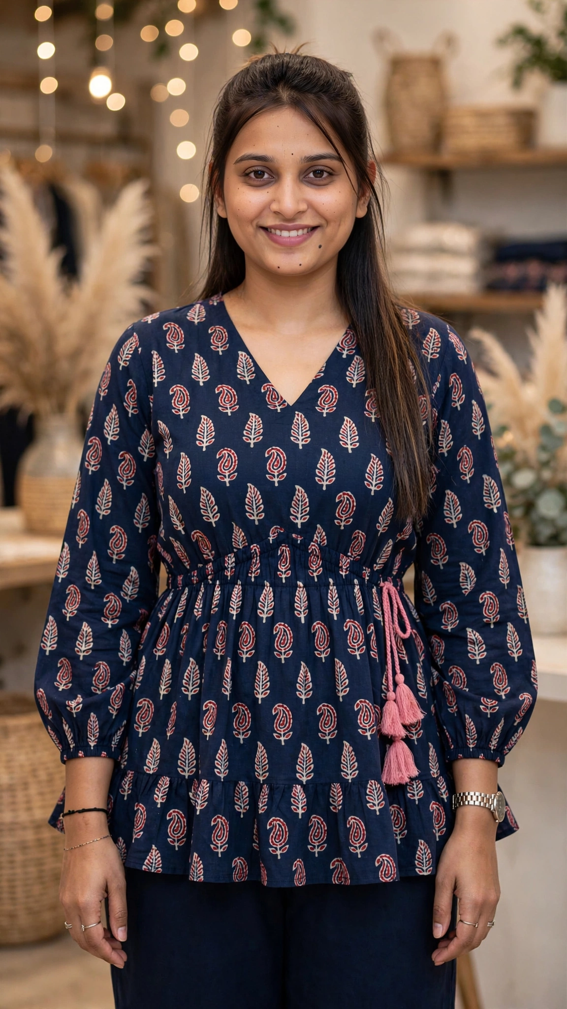 Bohemian Bloom Peplum Kurta Set – Available in Mustard, Navy, Peach, Magenta & Floral Yellow - Image 3