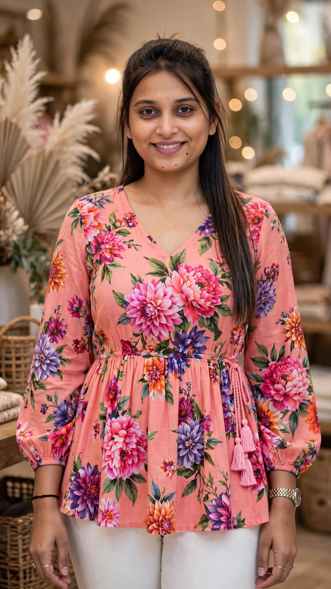 Bohemian Bloom Peplum Kurta Set – Available in Mustard, Navy, Peach, Magenta & Floral Yellow - Image 4