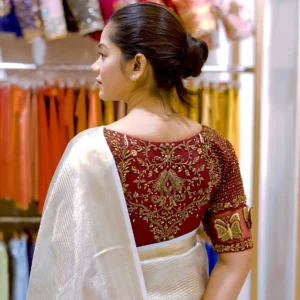 Artisanal Zardosi & Floral Motif Silk Saree Blouse Ensemble – Available in Maroon, Magenta, Emerald Green, Off-White & Mustard Yellow