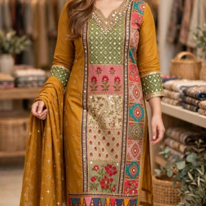 Amber Radiance Mustard Embroidered Kurta Set with Intricate Mirrorwork