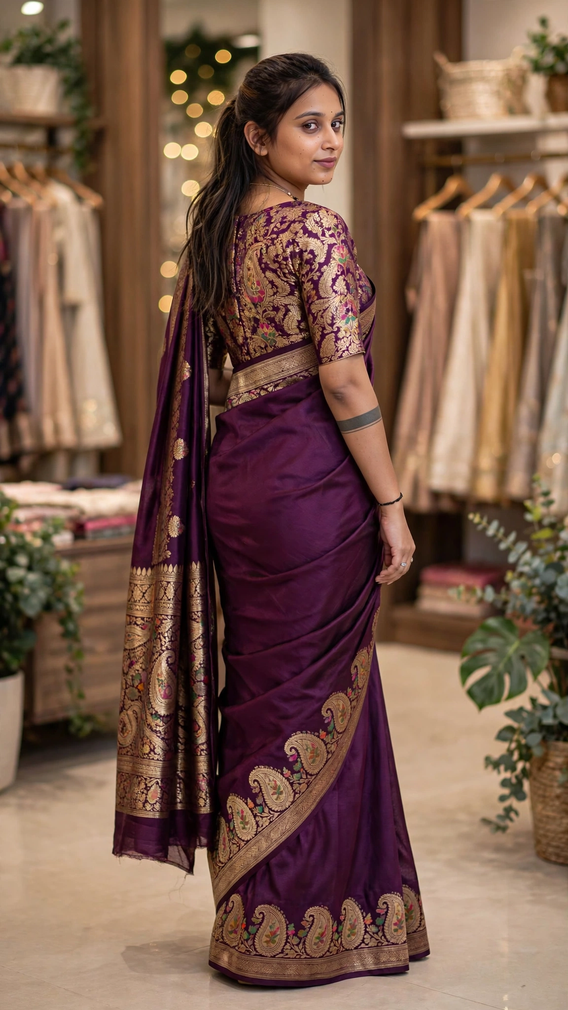 Royal Purple Silk Blend Banarasi Saree with Intricate Floral Brocade Blouse - Image 2