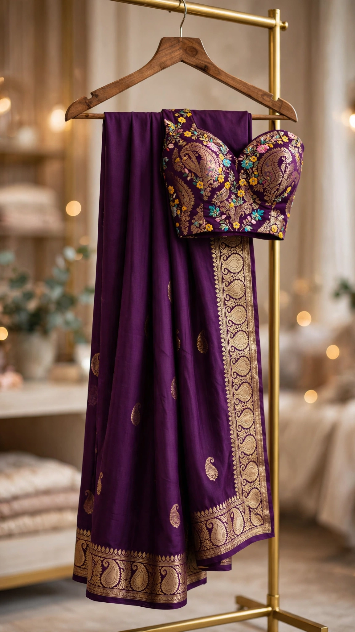 Royal Purple Silk Blend Banarasi Saree with Intricate Floral Brocade Blouse - Image 3