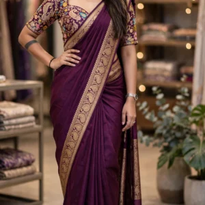 Royal Purple Silk Blend Banarasi Saree with Intricate Floral Brocade Blouse