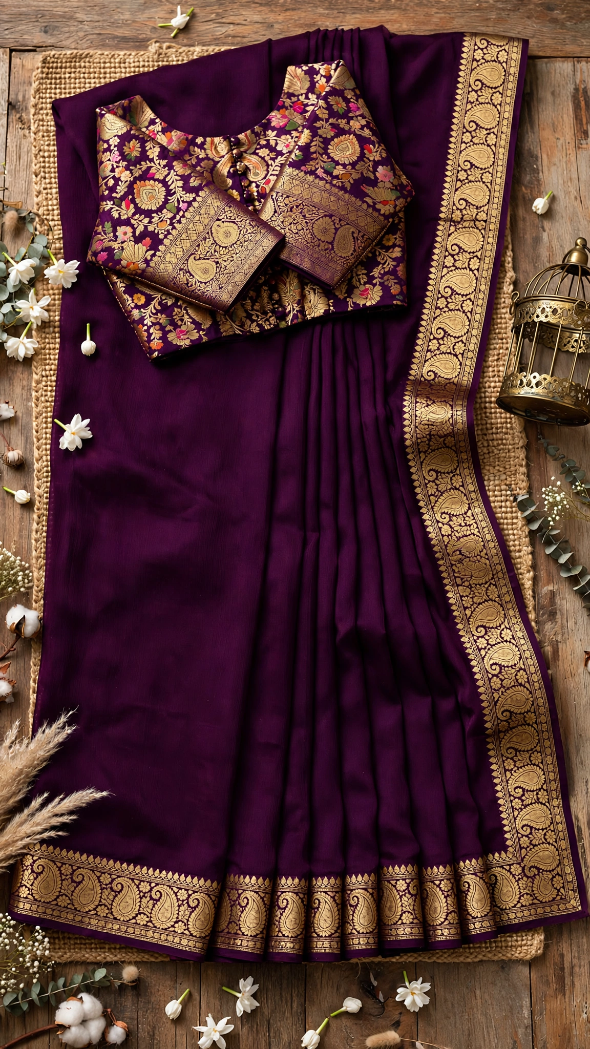 Royal Purple Silk Blend Banarasi Saree with Intricate Floral Brocade Blouse - Image 4