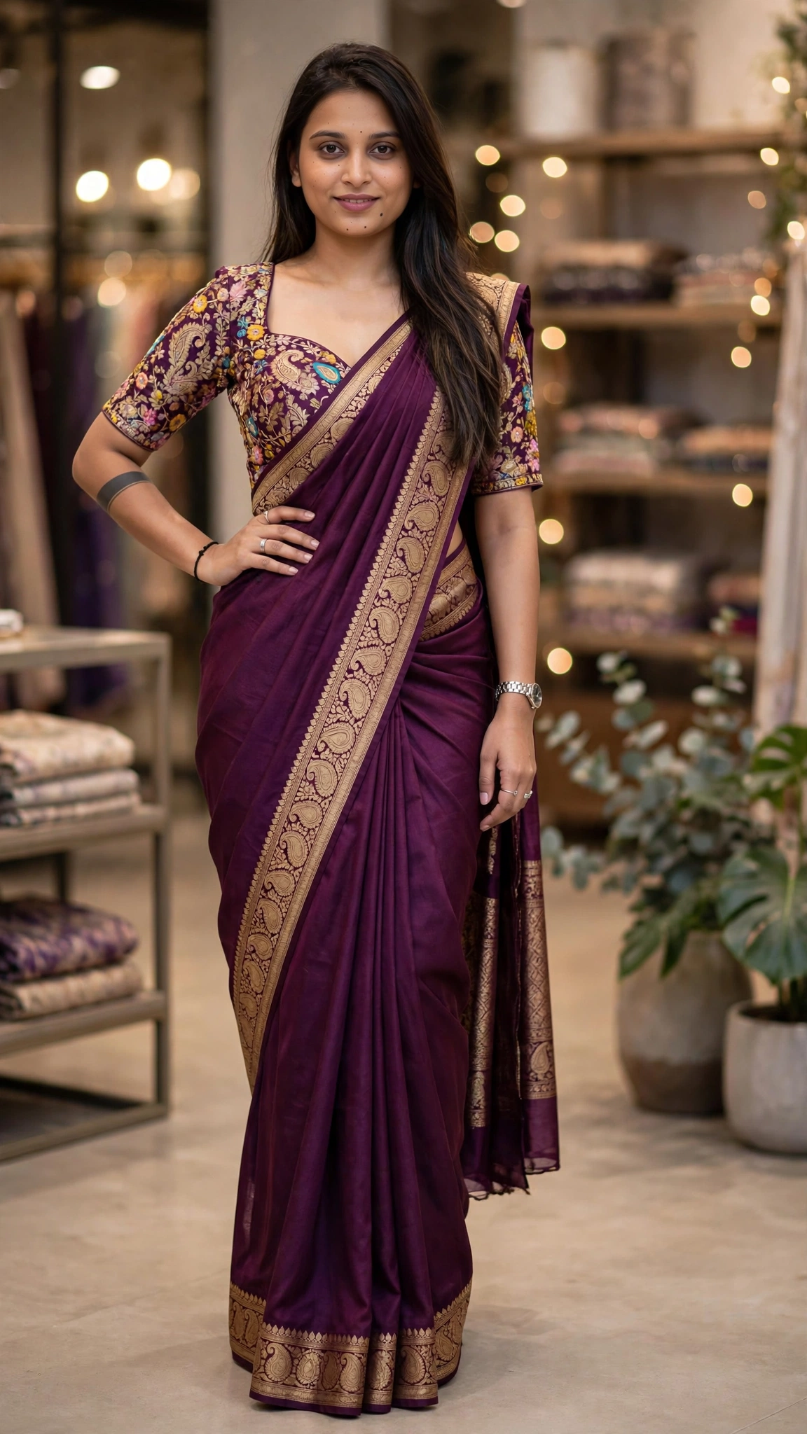 Royal Purple Silk Blend Banarasi Saree with Intricate Floral Brocade Blouse